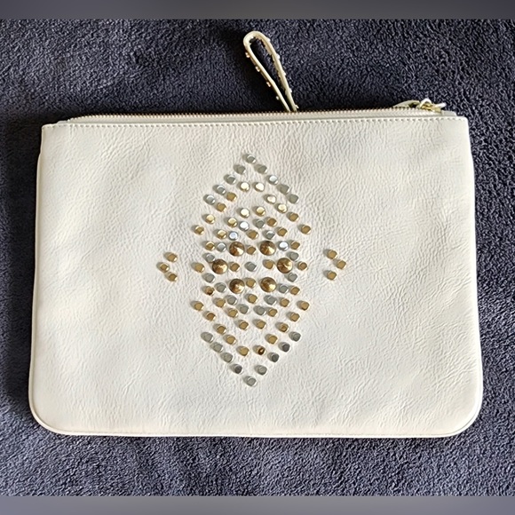 Brian Atwood Genuine Pebble Grain Leather Large Wristlet Clutch w/Stud Detail